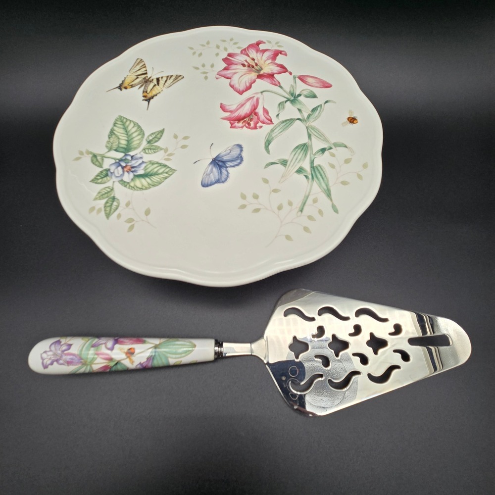 Lenox Cake Stand & Server Set Butterfly Meadow White Floral Butterflies Garden